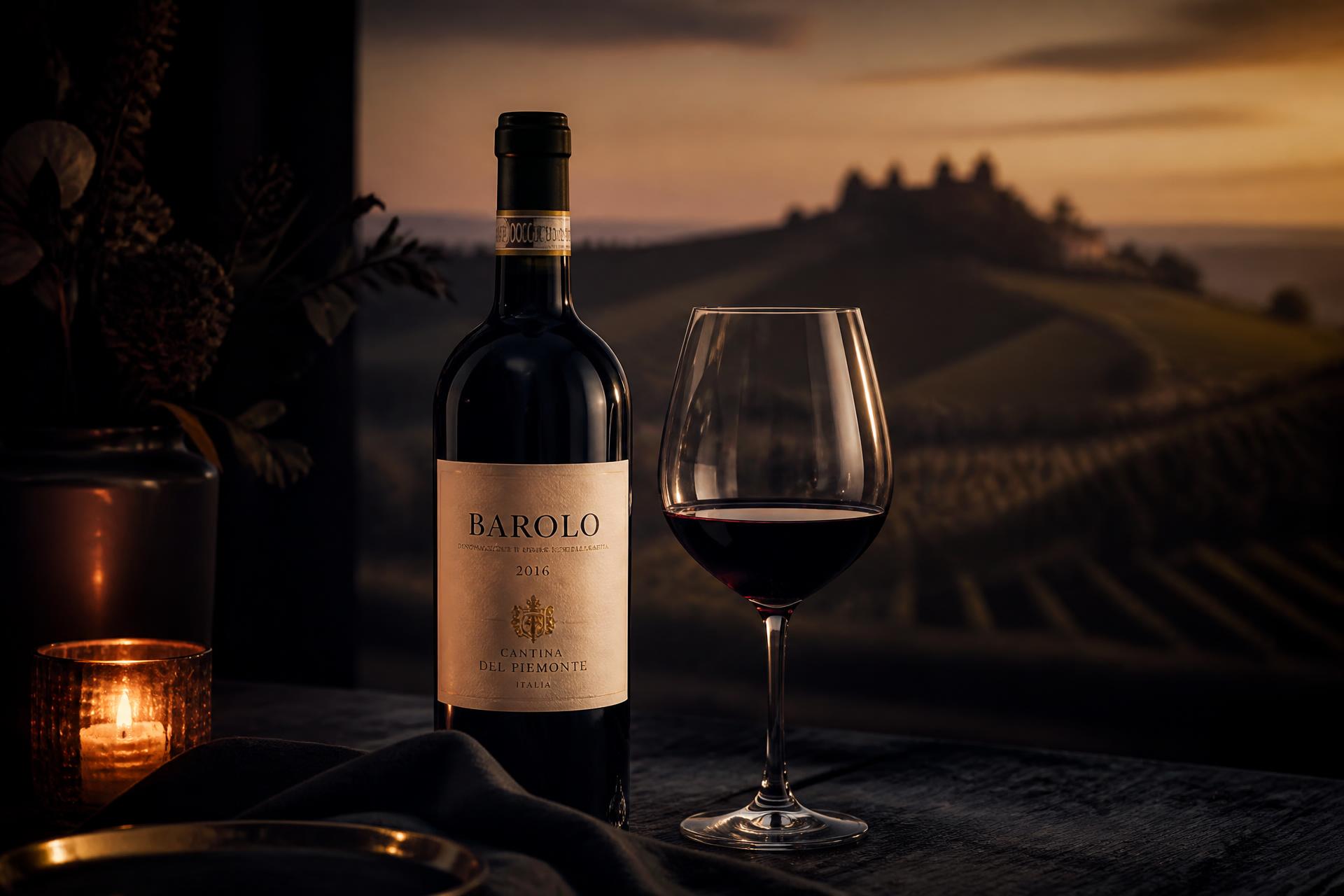Barolo servido em taça de cristal com vinhedos do Piemonte ao fundo